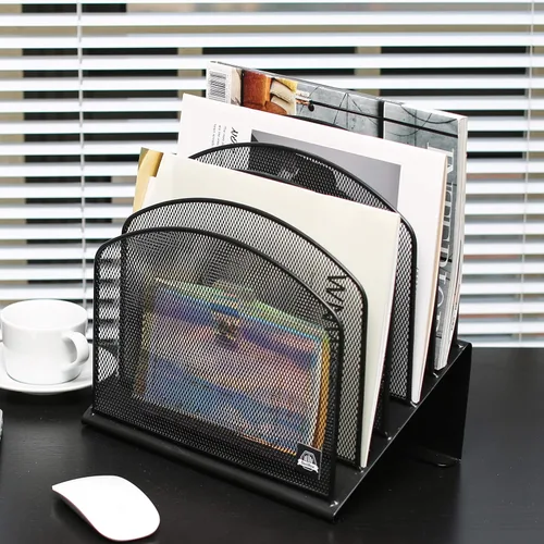 Miniatura 2 de Delifox Organizador de escritorio inclinado, soporte de archivos de 5 secciones con bandeja vertical para carpetas, estante de metal clasificador