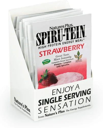 NaturesPlus SPIRU-TEIN - Harina de proteína en polvo – Fresa – 8 paquetes – Batido de proteínas a base de plantas – Sin OMG, vegetariano, sin gluten