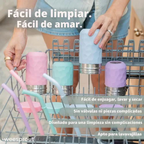 Miniatura 6 de WeeSprout Vasos 2 en 1 para niños, vaso de acero inoxidable duradero para batidos, pajitas de silicona con tapones, tapas giratorias de plástico