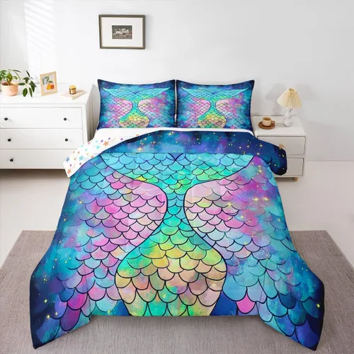 Miniatura 16 de Erosebridal Juego de edredón de sirena para niños, tamaño matrimonial, para niñas, ropa de cama de sirena brillante azul y rosa, juego de ropa
