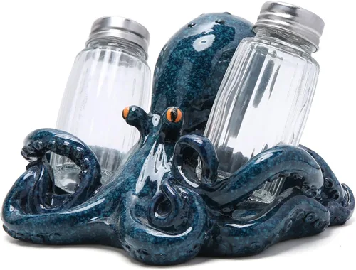 Hodao Figuras de pulpo con salero y pimentero, juego de pulpo con soporte para bar de playa o decoración de cocina tropical, decoración de mesa de