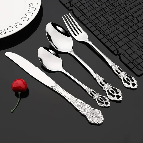 Miniatura 5 de JASHII Juego de cubiertos de acero inoxidable 304 estilo antiguo, 20 piezas de servicio para 4 vajillas plateadas con cuchillos, cucharas, plateado