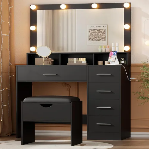 Miniatura 2 de ERLEJIA Escritorio de tocador con espejo y luces, mesa de maquillaje de espejo grande de 35.43 pulgadas con taburete, 5 cajones para dormitorio