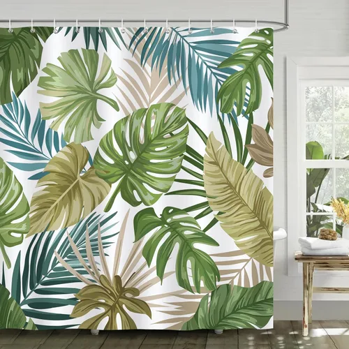 Miniatura 10 de Bonhause Cortina de ducha con hojas tropicales, diseño de naturaleza selva, hoja de palmera verde oscuro, planta Monstera, cortina de baño de 72 x