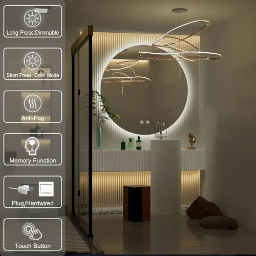 Miniatura 5 de Espejo de baño LED redondo de 32 pulgadas con luz, 3 temperaturas de color (3000 K/4500 K/6000 K), antiniebla, retroiluminación regulable, espejo