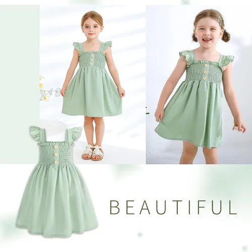 Miniatura 3 de JEELLIGULAR Vestido para niña pequeña, con volantes, sin mangas, con botones, vestido de verano para playa, casual, acampanado, vestido de verano