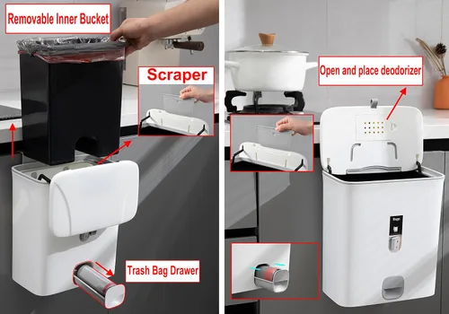 Miniatura 2 de Sooyee Bote de basura con tapa, cubo de basura pequeño de 2.4 galones, contenedor de plástico para abono colgante o de pie para Blanco