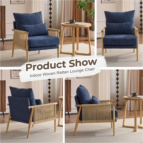 Miniatura 5 de Karl home Acogedora silla decorativa de felpilla con almohada lumbar y brazos de ratán, silla moderna para sala de estar, dormitorio, rincón de Azul