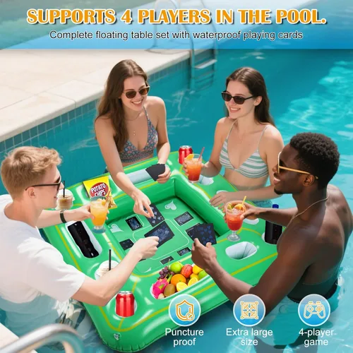 Miniatura 2 de Kaiedos Mesa de juego flotante para piscina, mesa flotante inflable con cartas de juego impermeables, 40 x 40 pulgadas, grandes bebidas flotantes