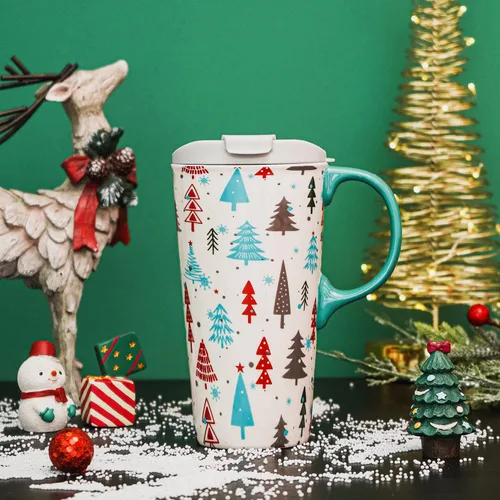 Miniatura 4 de Taza de café de cerámica de árbol de invierno de 17 onzas con tapa y caja de regalo, divertida taza de té de porcelana multicolor con leche, apta