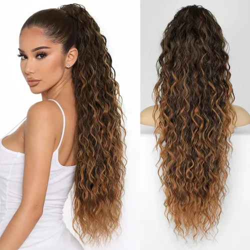 Miniatura 39 de KooKaStyle Extensión de cola de caballo con cordón de 26 pulgadas (66 cm) para mujeres, extensiones de cabello sintético rizado largo para uso