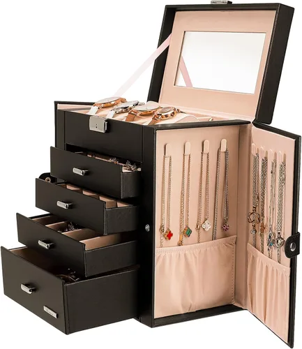 Homde Caja de joyería enorme de cuero sintético Organizador de reloj con espejo Collar Anillo Pendiente Almacenamiento Caja de regalo con cerradura