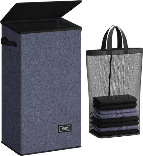 Miniatura 37 de SOLEDI - Canasta de lavandería con tapa de 100L, canasta de ropa plegable grande y alta, cesta de lavandería con bolsa removible fácil