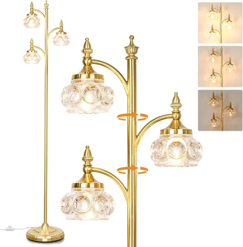 JUNNAI Lámpara de pie dorada, lámparas de pie tipo árbol regulables para sala de estar, lámpara de pie alta de latón con 3 luces giratorias, Dorado