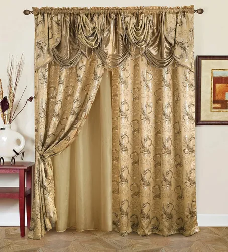 Miniatura 5 de GLORY RUGS Juego de cortinas de jacquard de lujo con cenefa adjunta y respaldo, para dormitorio, sala de estar, comedor, 2 cortinas beige, 55 x 84