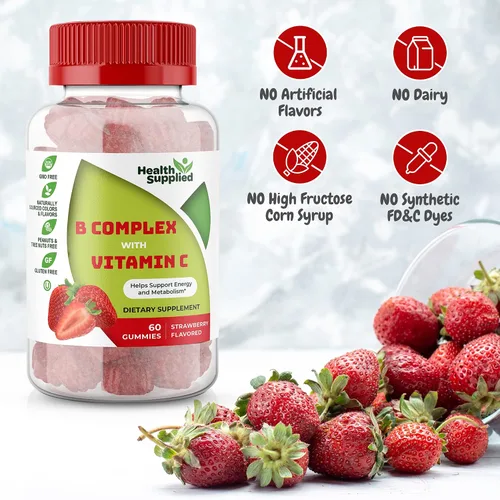 Miniatura 3 de Gomitas de complejo de vitamina B con sabor a fresa - Complejo B con vitamina C - Apoya el sistema nervioso y aumenta los niveles de energía - Ayuda