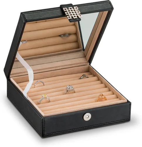 Glenor Co Organizador de caja de anillos Soporte de joyería clásico de 54 ranuras Bandeja de almacenamiento con cierre de hebilla moderno, espejo