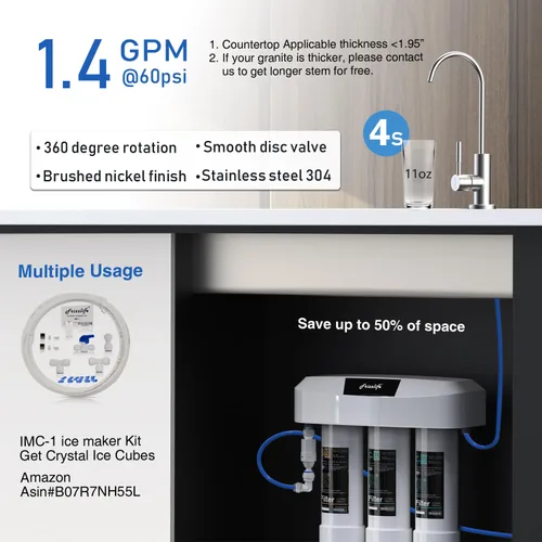 Miniatura 4 de Frizzlife Sistema de filtro de agua para debajo del fregadero, certificado NSF/ANSI 53 y 42 y 372, filtración de agua de 8 capas de 0.5 micrones que