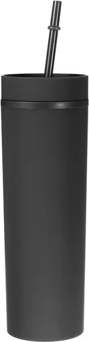 uxcell Vaso delgado con tapas y pajitas, vaso delgado de 16 onzas color negro mate a granel, vaso acrílico pastel reutilizable, vaso de plástico de