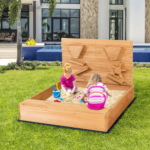 Miniatura 7 de HONEY JOY Caja de arena con pared de arena de 30 pulgadas, pozo de arena sin fondo de cedro con embudo, canaletas, caja de almacenamiento, forro