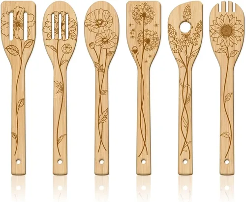 Miniatura 8 de GLOBLELAND Juego de 6 cucharas de madera a base de hierbas, juego de utensilios de cocina de bambú para refinar tallado de bambú, juego de espátulas