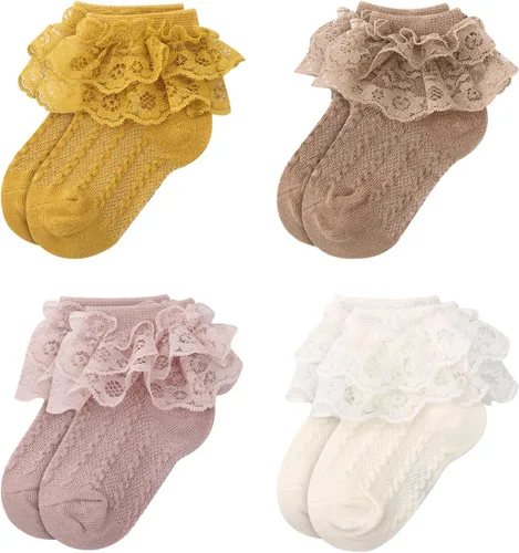 Miniatura 2 de DRESHOW BQUBO Baby Girls Socks Eyelet Ruffle Lace Socks Cute Frilly Socks NewbornInfantToddlers Thin Socks Dress Socks