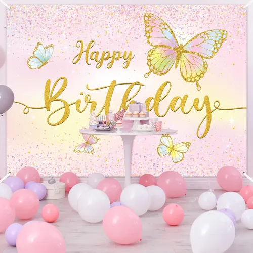 Miniatura 6 de Dandat Telón de fondo de cumpleaños de mariposa de 7 x 5 pies, tema rosa, mariposa dorada, decoración de fiesta, pancarta de poliéster, fondo