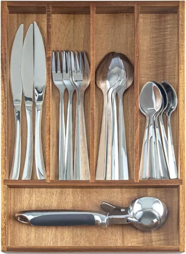 Miniatura 4 de KITEISCAT Organizador de cubiertos de madera de acacia, organizador de cajones de utensilios de cocina para tenedores, cuchillos y cucharas, bandeja