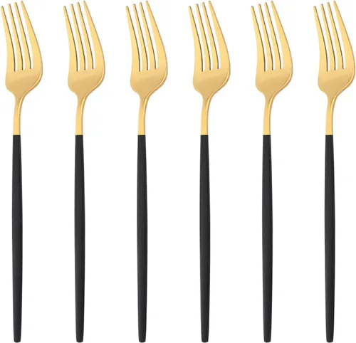 Miniatura 13 de Juego de 6 tenedores de ensalada, tenedores de postre, cubiertos de acero inoxidable 18/0 pulido de espejo de 7.48 pulgadas (negro dorado, 6 piezas)