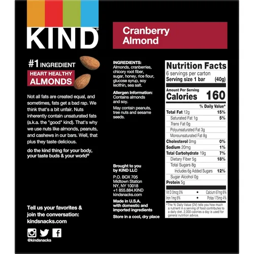 Miniatura 2 de KIND Barras de nueces, almendra de arándano, aperitivos saludables, buena fuente de fibra, sin gluten, 0.18 onzas de proteína, 6