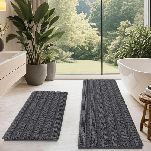 Miniatura 21 de ACCUMTEK - Juego de alfombras de baño a rayas beige de 3 piezas, ultrasuaves, antideslizantes de chenilla, alfombras de baño mullidas y absorbentes