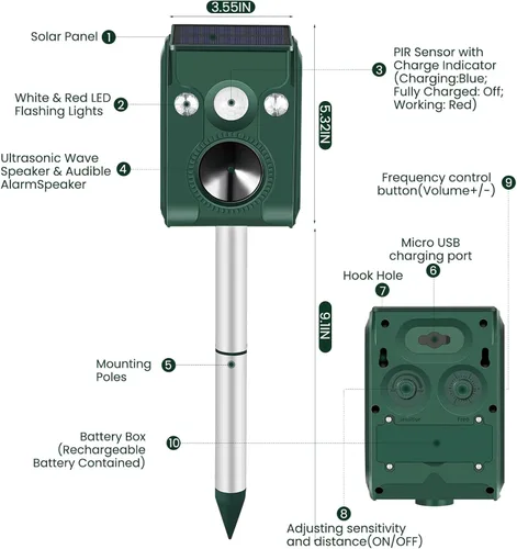 Miniatura 5 de Repelente de gatos para exteriores, repelente solar ultrasónico de animales con detección de movimiento, dispositivo repelente de ciervos