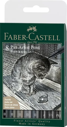 Faber-Castell Pitt Artist 167171 167171 - Bolígrafos de tinta color negro y gris, B, F, 1.5, FM, paquete de 8