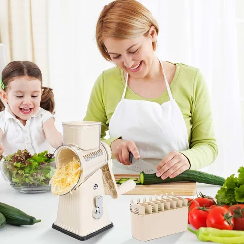 Miniatura 7 de Rallador de queso giratorio manual, blanco, cortador de verduras 5 en 1 con base de succión, cuchillas de acero inoxidable, diseño de manivela