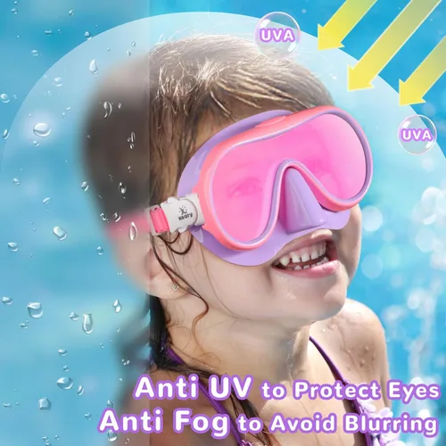Miniatura 5 de Keary Kids Swim Goggles with Nose Cover for 5-16 Anti Fog Swimming Mask for Toddler Boys Girls Youth Rosa y morado (lente espejado)