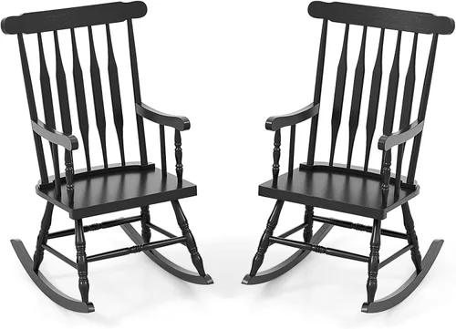 Miniatura 15 de Giantex Mecedora de madera para exteriores, mecedora de patio con marco de madera de goma maciza, respaldo de listones, balancín exterior e