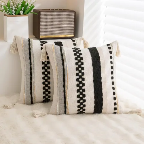 Miniatura 4 de Juego de 2 fundas de almohada bohemias de 18 x 18 pulgadas, fundas de almohada de estilo granja tejidas con mechones y borlas, funda de cojín