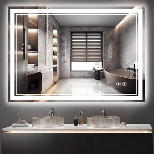 Miniatura 13 de Espejo LED de 48 x 28 pulgadas para baño, espejo de baño antivaho con luces regulables, 3 colores, luces delanteras y retroiluminadas, espejo