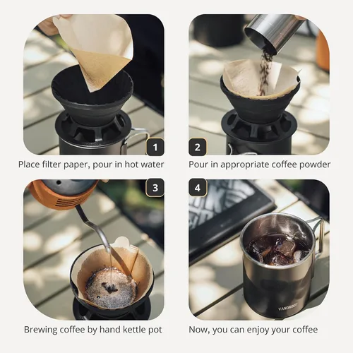Miniatura 5 de Vandroop Juego de cafetera portátil, juego de gotero de café plegable de silicona, perfecto para viajes, campamento, hogar (taza negra de 2 tazas)
