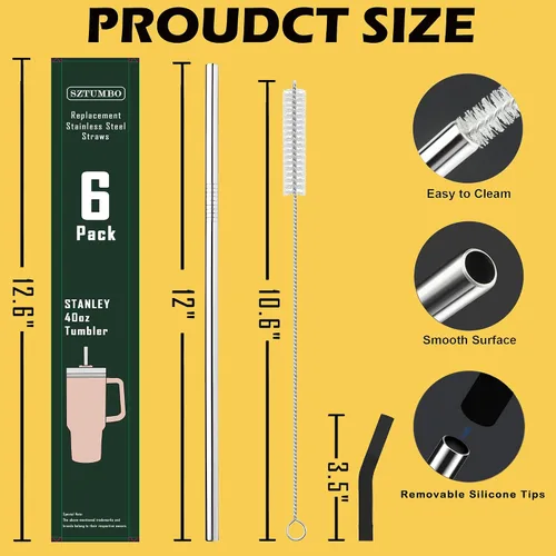 Miniatura 2 de Paquete de 6 popotes rectos de acero inoxidable reutilizables de 12 pulgadas, con 6 puntas de silicona y 2 cepillos de limpieza para vaso Simple