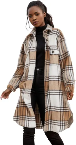 happlan Tops elegantes y casuales con solapa y botones de franela vintage a cuadros, chaqueta tipo cárdigan para mujer