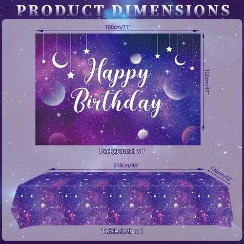 Miniatura 5 de Suministros de fiesta de galaxia, incluye telón de fondo de cumpleaños de galaxia espacial, platos, servilletas, vasos, mantel, globos, globos