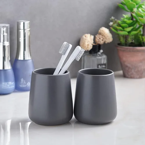Miniatura 4 de Soporte para cepillos de dientes gris para baño, soporte de cerámica para cepillos de dientes, soporte para pasta de dientes, taza de enjuague bucal