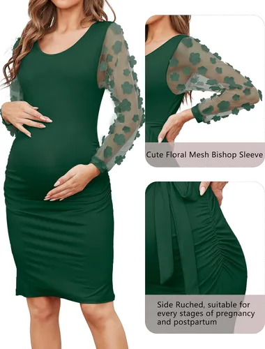 Miniatura 5 de Vestido midi de maternidad de manga larga con malla floral, vestido ajustado de maternidad para baby shower, sesión de fotos