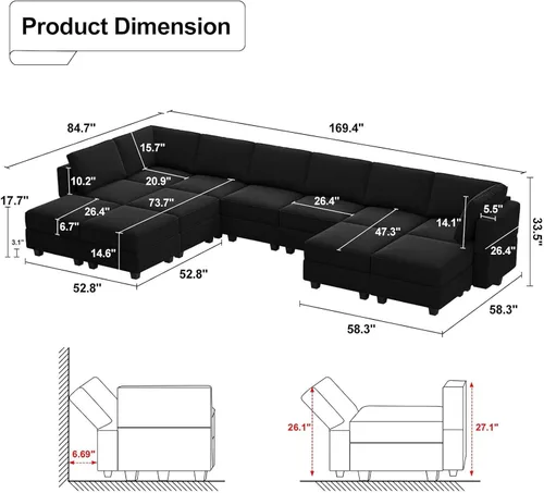 Miniatura 2 de Belffin Sofá modular en forma de U de gran tamaño con tumbonas dobles reversibles de terciopelo con almacenamiento, color negro