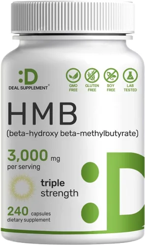 Suplementos HMB ultra fuertes 3,000 mg por porción, 240 cápsulas | Probado por terceros | Apoya el crecimiento muscular, la retención y la masa