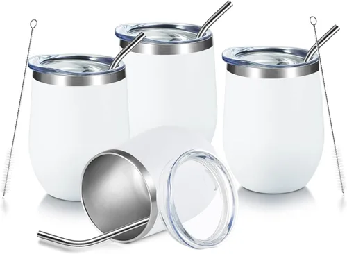 COMOOO Vaso de vino de acero inoxidable de 12 onzas con tapa y popote, vaso de vino aislado, vaso de vino sin tallo para bebidas calientes y frías,