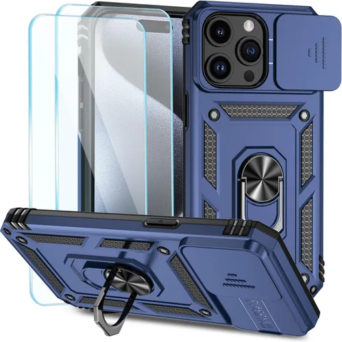 Miniatura 9 de SunStory Funda compatible con iPhone 15 con protector de pantalla HD, cubierta de cámara deslizante y soporte de anillo giratorio, [grado militar]