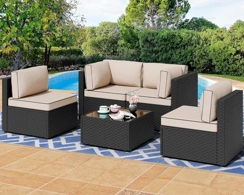 Shintenchi 5 piezas de sofá seccional de patio al aire libre, juegos de muebles de mimbre PE negro, juegos de conversación de patio con cojines Caqui