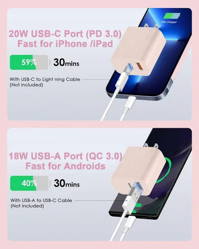 Miniatura 3 de Cable de carga rápida de 3 metros para iPhone 17/16e, paquete de 2 adaptadores Apple QC de 20 W con 2 puertos USB A+C y cable de carga rápida USB C